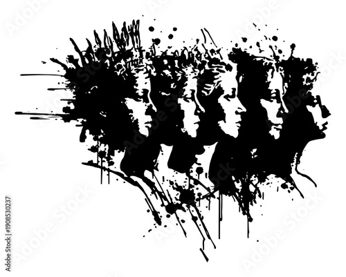 Stylized side profiles of four human faces in a row with grunge effects