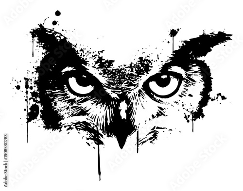 Close up vector illustration of an owl face with intense eyes and grunge ink effects