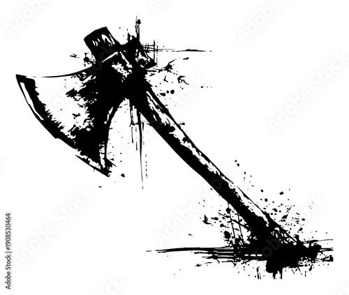 Black grunge ink battle axe stuck in wood illustration