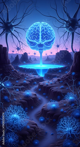 Glowing Blue Brain with Neurons and Synapses.