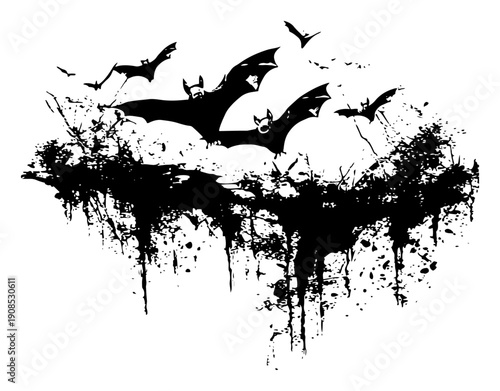 Grunge ink splash vector illustration of a flock of bats flying in the night