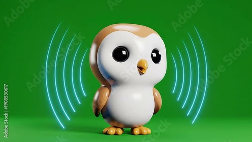 A Cute 3D Rendered Cartoon Owl Character With Large Expressive Eyes and Brown and White Feathers Stands Against a Vibrant Green Screen Background Emitting Blue