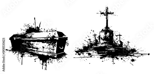 Black and white vector illustration of a wooden coffin and graveyard with crosses