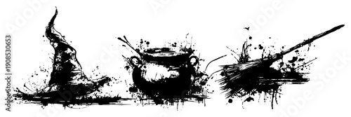 Halloween witch accessories set with hat cauldron and broom in grunge style