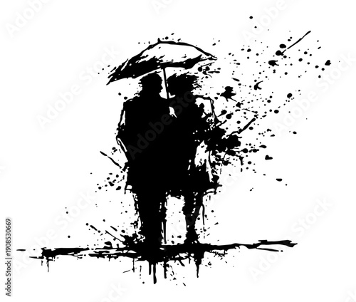 Silhouette of couple standing under umbrella with grunge ink rain