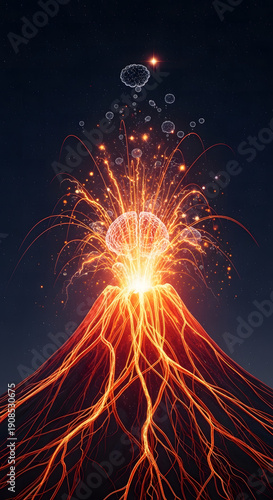 Volcano Erupting with Bright Lava Flow.