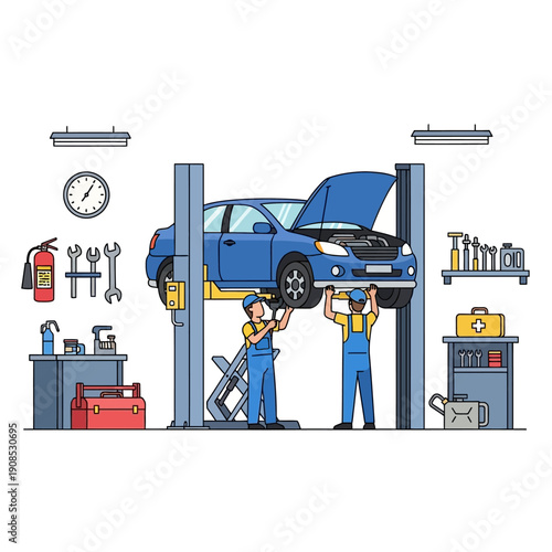 Mechanics repairing car on lift in auto service workshop, detailed illustration