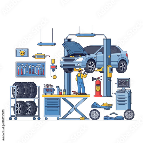 Car repair service: mechanic lifts car for maintenance in auto workshop