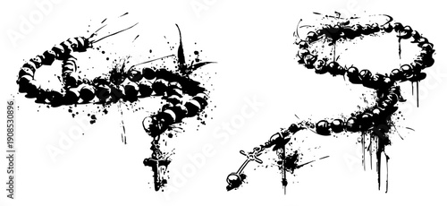 Artistic black ink illustration of catholic rosary beads with a cross
