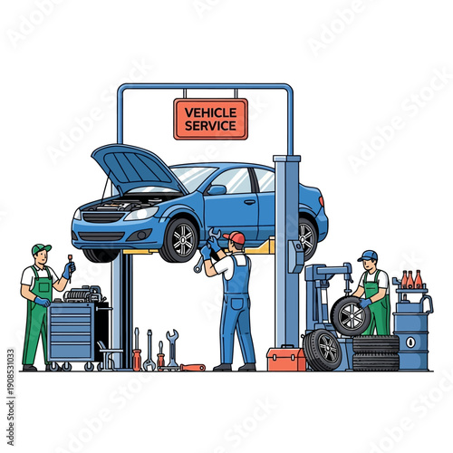 Car Service: Mechanics Repairing Blue Vehicle on Lift, Tire Change, Auto Shop Scene