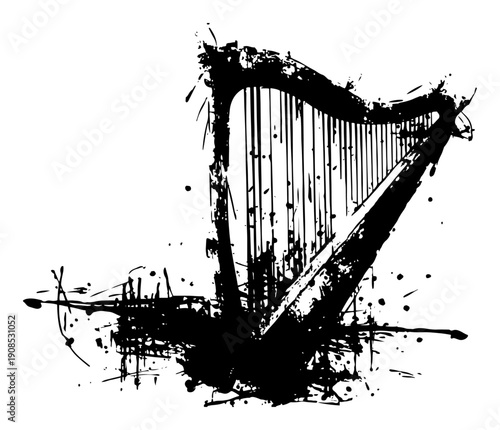Grunge style harp musical instrument with black ink splatters