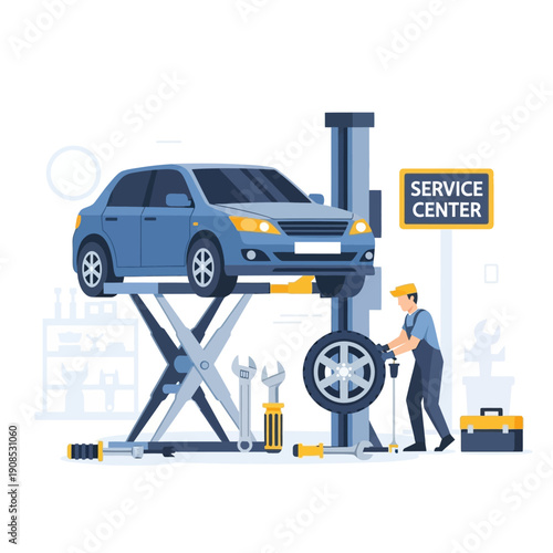 Car service center: mechanic lifts blue car for repair, tire change, maintenance