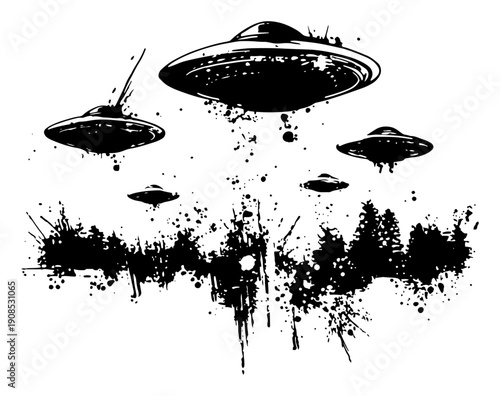 Alien invasion fleet flying over forest in black ink grunge style