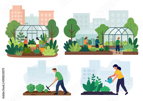 Kit de cuatro escenas de agricultura urbana dentro de la sostenibilidad real