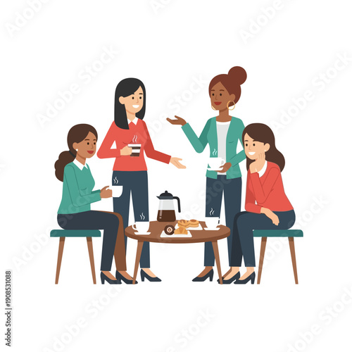 Diverse women friends enjoying coffee break, chatting and laughing around a table