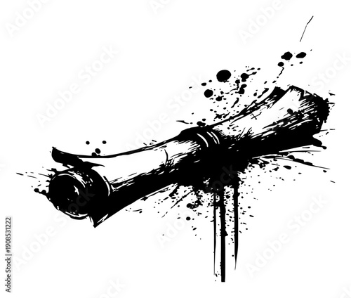 Rolled ancient paper scroll or parchment document vector illustration with grunge ink splatter style