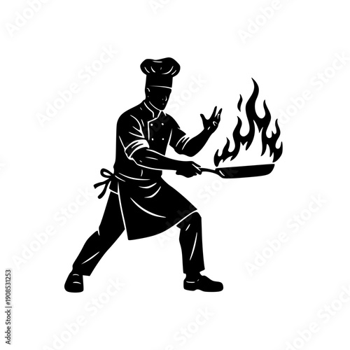 Chef Silhouette Cooking with Flaming Frying Pan Illustration