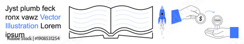 Education, business growth, financial transactions, digital economy, innovation, learning resources. Outline of an open book, rocket and hands exchanging money. Education and business growth concept