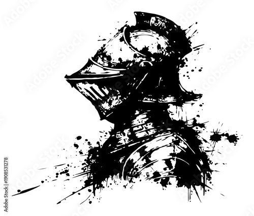 Black and white vector illustration of a medieval knight helmet in armor with grunge ink splashes
