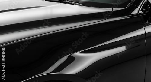 Sleek Black Car Body Closeup Shot of Shiny Surface and Reflections.