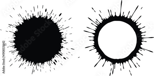 Black ink splatter vector illustration with solid circular and hollow ring-shaped blot designs, abstract artistic texture for creative design