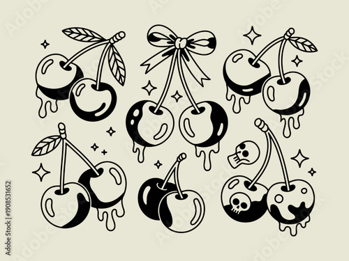 Set of black silhouette cherries with drips, sparkles, skulls, and ribbons, cool tattoo flash art