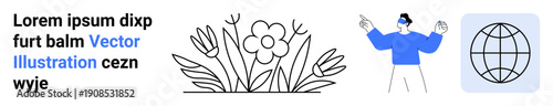 Education, technology, nature, globalization, modern concepts, environment. Hand-drawn flowers, a person in VR goggles and a wireframe globe. Technology and nature interaction visualization