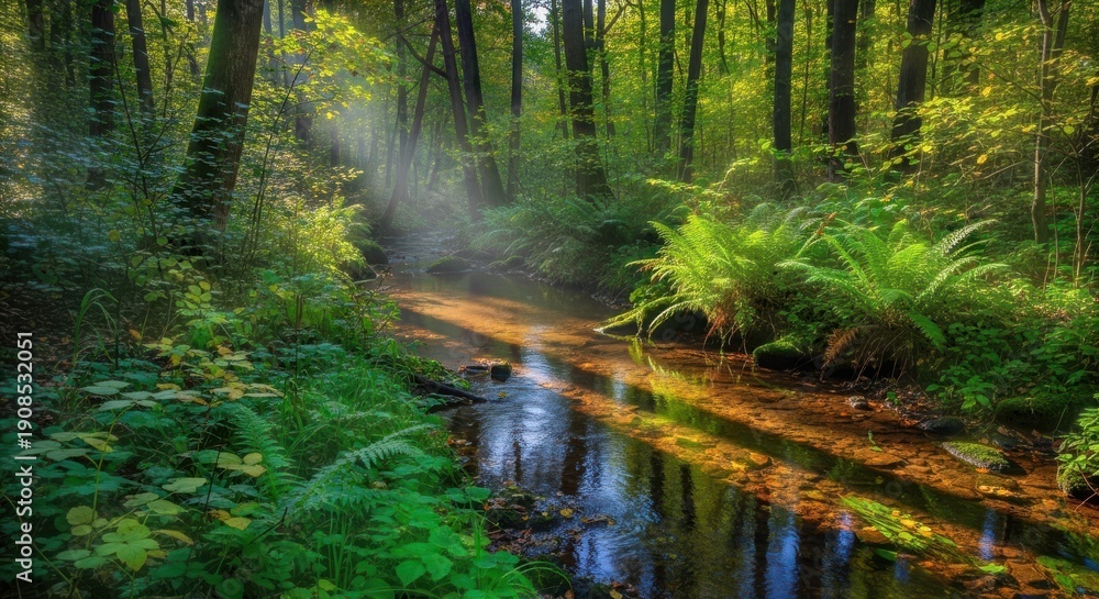 Obraz premium Serene forest stream bathed in dappled sunlight and morning mist