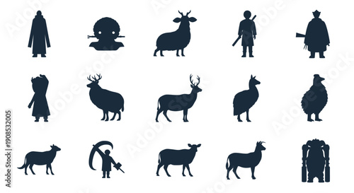 A collection of dark blue silhouettes depicting various animals and human figures in traditional attire high quality professional detailed