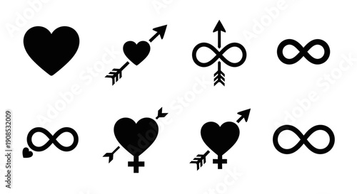 A collection of black vector icons featuring hearts arrows infinity symbols and gender symbols high quality professional detailed modern