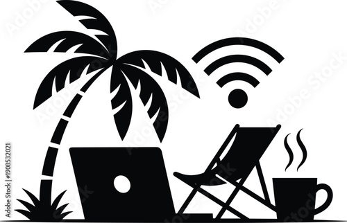 Silhouette vector illustration of tropical remote work setup with palm tree, laptop, lounge chair, coffee cup, and Wi-Fi symbol representing digital nomad lifestyle