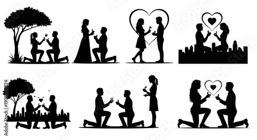 A series of black silhouette illustrations depicting romantic proposals and couples in loving moments high quality professional detailed modern