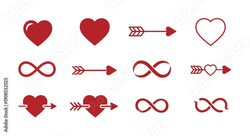 A collection of red heart shapes infinity symbols and arrows depicting love and endless affection high quality professional detailed