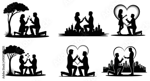 A series of silhouettes depict a romantic progression a proposal engagement and a loving couple high quality professional detailed