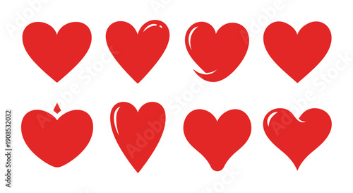 A collection of eight vibrant red heart shapes arranged in two rows displaying various slight stylistic differences high quality