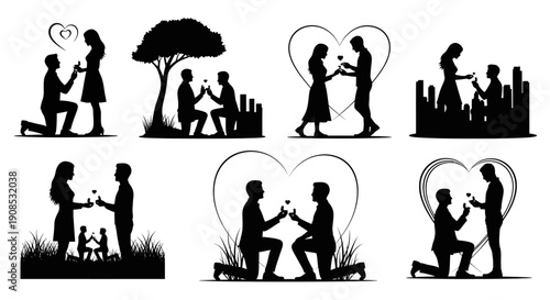A series of silhouette illustrations depict romantic proposals and couples embracing within heart shaped frames high quality professional detailed modern