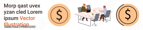 Finance, teamwork, business planning, corporate strategy, data analysis, office collaboration. Two people at a table, documents and dollar symbols. Finance and teamwork concept