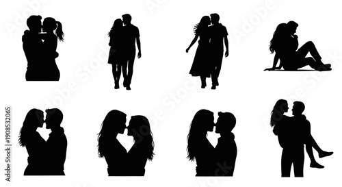 A collection of nine black silhouettes depicts couples embracing in various affectionate poses and romantic settings high quality professional