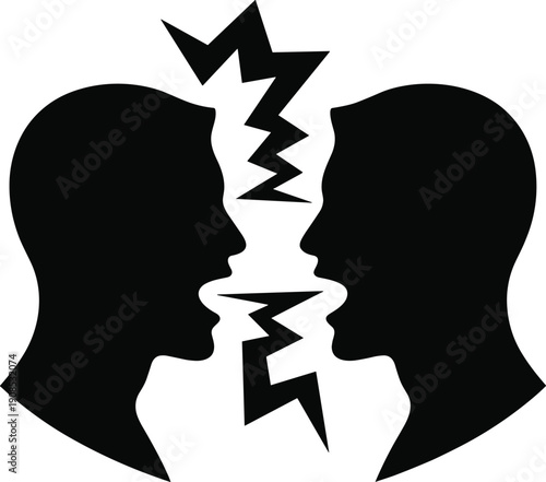 Silhouette vector illustration of two human heads facing each other with lightning bolts, symbolizing conflict, disagreement, confrontation, and intense communication exchange