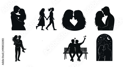 A collection of black silhouettes depicts romantic couples embracing and sharing intimate moments together high quality professional detailed modern