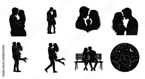 A collection of stylized black silhouettes depicting couples embracing kissing and sitting together high quality professional detailed modern elegant