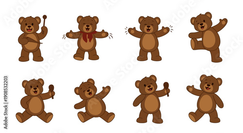 A collection of charming brown teddy bears depicted in various playful and dynamic poses and orientations high quality professional