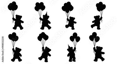 Silhouettes of charming teddy bears are depicted holding bunches of balloons creating a playful whimsical scene high quality professional