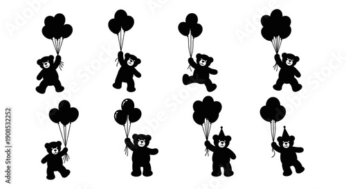 A repeating pattern showcases silhouetted teddy bears holding balloons and being lifted by balloons creating a playful design