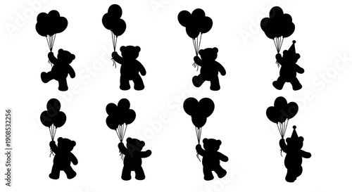 A collection of black silhouettes depicts teddy bears playfully ascending with bunches of balloons creating a whimsical scene
