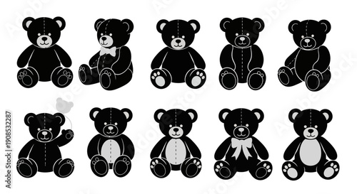 A collection of black and white teddy bears in various poses and with differing accessories is displayed high quality