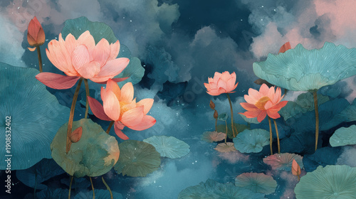 Beautiful watercolor painting of water lilies blooming in a serene pond landscape with lush green leaves and calm water reflections, perfect for floral decor and nature art