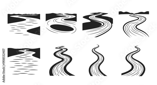Photos A collection of stylized black and white river and mountain illustrations depict