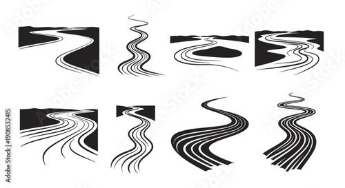 Abstract black and white illustration depicting various winding river or stream shapes in a graphic design high quality professional