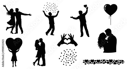 A collection of black silhouettes depicting joyful couples celebrations and romantic gestures with hearts and confetti high quality professional